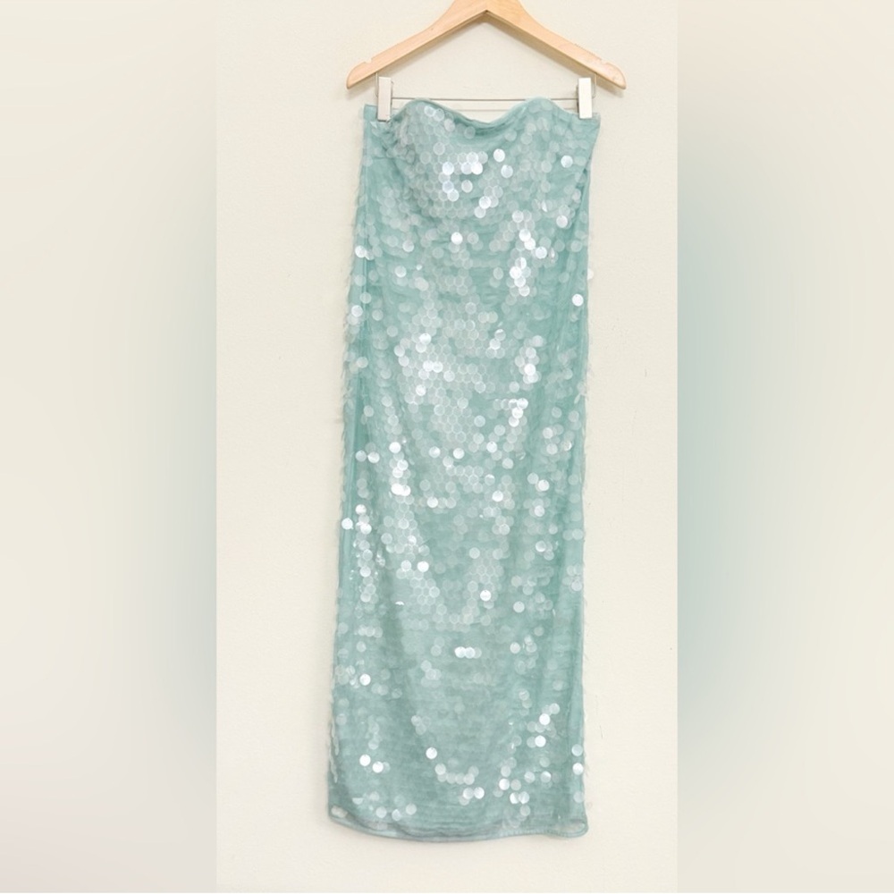 STAUD Casey Strapless Sequin Midi Dress in Mist Aqua Size 8 - Picture 7 of 17